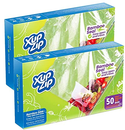XupZip Large Freezer Bags with Airtight & Leakproof Bamboo Seal – 2.27L Reusable Food Bag with Expandable Bottom – Half Gallon Heavy-Duty Zip-Lock Bags, 100 Pcs (2-Pack)