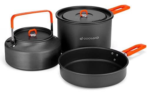 Odoland Camping Kochgeschirr Set Outdoor Kochset mit Camping Topf 2.4 L, Teekessel 1.6 L, Bratpfanne 1.2 L, Kochgeschirr Set für Camping Outdoor Kochen Wandern Reisen