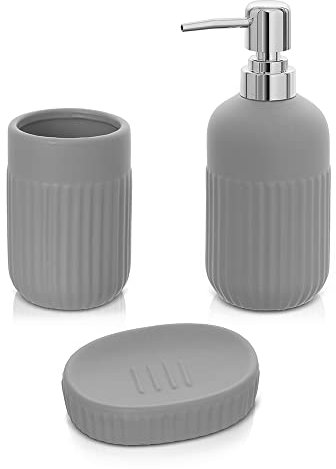 Inbagno Accessori Bagno da appoggio in Set Completo 3 Pezzi, Kit Accessori appoggio con Dispenser, portaspazzolini e Porta saponetta, in Ceramica, Linea Cup