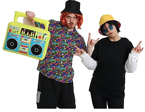 Superstar Dj Duo kostymset för vuxna – ingefärspuk, svart peruk, svart hinkhatt, gul hinkhatt, glasögon, blå skjorta och uppblåsbar boombox – perfekt för brittisk ikon, klä upp sig fin klänning