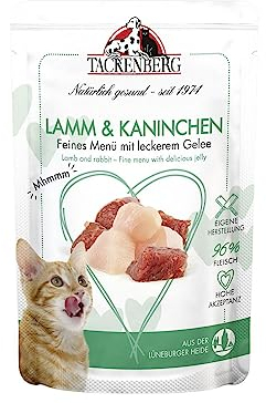 TACKENBERG Katzenfutter Lamm und Kaninchen, Nassfutter für Katzen - 12x85 g - Hochwertiges Katzennassfutter für eine ausgewogene Ernährung in Premiumqualität - ohne Zuckerzusatz