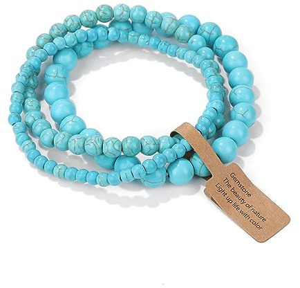Risyfjew 3 PCS Natural Stone Beaded Stretch Bracelet 4mm 6mm 8mm Healing Crystal Bracelets Women Blue Turquoise Jewelry Gift