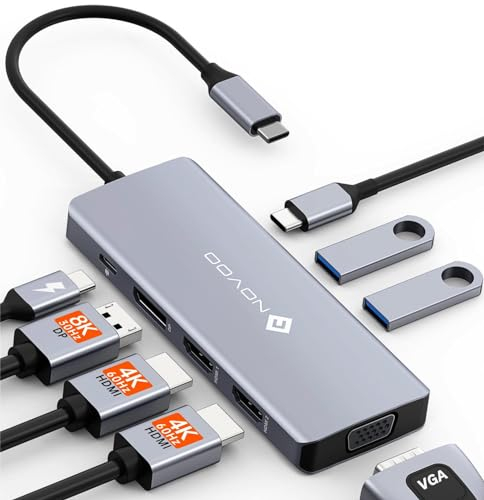 NOVOO Docking Station USB C Dual HDMI 8 in 1 USB C Hub mit 4K@120Hz DisplayPort,2HDMI 4K@60Hz,VGA,2USB-A+1USB-C Datenports,PD 100W Laptop Adapter 4 Monitore für iPhone 15/MacBook/Dell/Lenovo/Surface