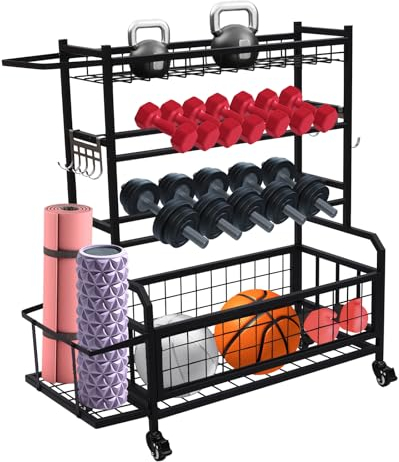 HarBin-Star Hantelständer, Multifunktionaler Kurzhantelständer mit Rädern und Haken, für Hanteln, Faszienrolle, Yoga Matte,Kettlebell und Yoga Block, 102,5 x 40 x 105,6cm