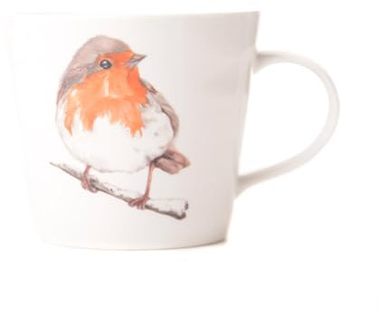 Meg Hawkins Taza de porcelana china con diseño de petirrojo y pájaro en caja