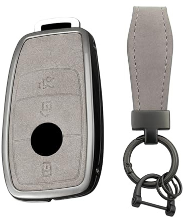 TECART Custodia per chiave auto, in pelle, adatta per Mercedes Benz Classe A B C S GLC GLE GLS W222 C217 A217 A238 W463 S205 C205 Portachiavi con 3 tasti grigio