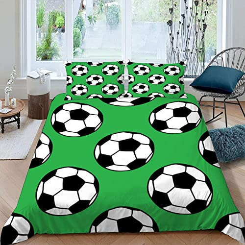 Parure de lit en microfibre douce avec housse de couette et taies d'oreiller pour adultes et adolescents avec housse de couette moelleuse et taie d'oreiller Motif ballon de football 3D - Vert - Très