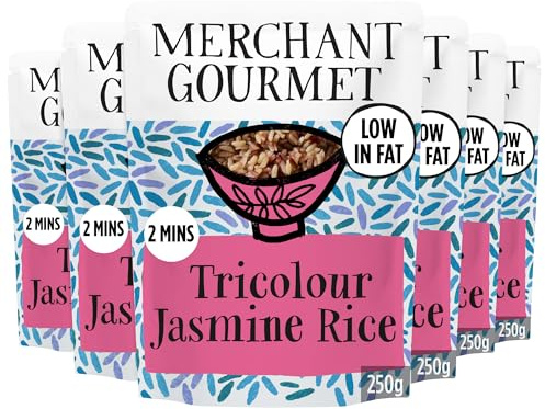 Merchant Gourmet Tricolor Sticky Jasmine Microwave Rice - Pack of 6 x 250g Pouches, Low in Fat, Vegan, Ready in Minutes