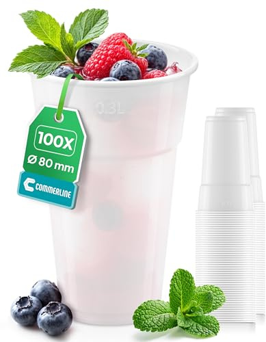 Commerline 100 Stycken Vit Plastmuggar 0,3 L – Drickkoppar, Ölglas, Vattenmuggar, Utskänkningsmuggar | Engångsmugg, Vit Plastmugg, Party-Mugg, Vattenmugg, Serveringsmugg