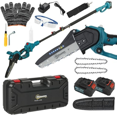 Outsunny Mini motosierra de batería 8 pulgadas 6000mAh 580W podadora sin cable para ramas y jardín con 2 baterías pértiga telescópica y bloqueo de seguridad azul