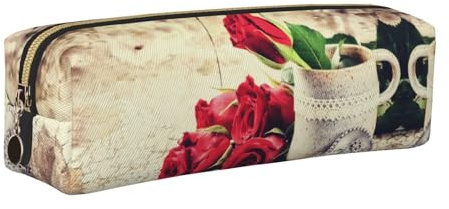 NBHDZENGW Red Rose Flowers Leather Pencil Case with Smooth Zipper,Stylish Durable Zippered Pouch for School,Office,Travel-Lightweight Full Print Stationery Holder