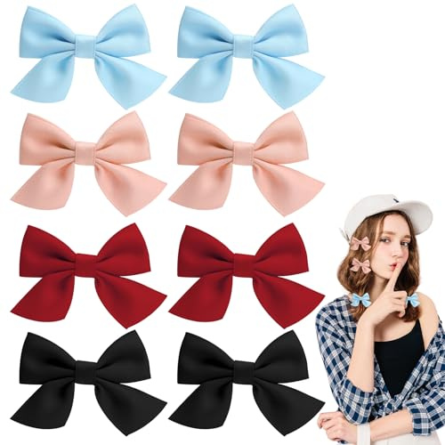 APOMOONS 4 Paires de Noeuds pour Cheveux Fille,Noeud pour Cheveux Femme,Noeud pour Cheveux Bébé,Barrettes Crocodile Antidérapantes pour Bambin Enfant Adolescent (Rouge Vin Rose Noir Bleu Glace)