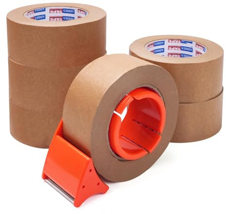 ADHES Kraft Paper Tape with Dispenser, 2 in x 55 yds x 6 Rolls – Bulk Eco Friendly Brown Packing Tape, Strong Adhesive, Easy Cut Tape Dispenser for Warehouse & Business Use