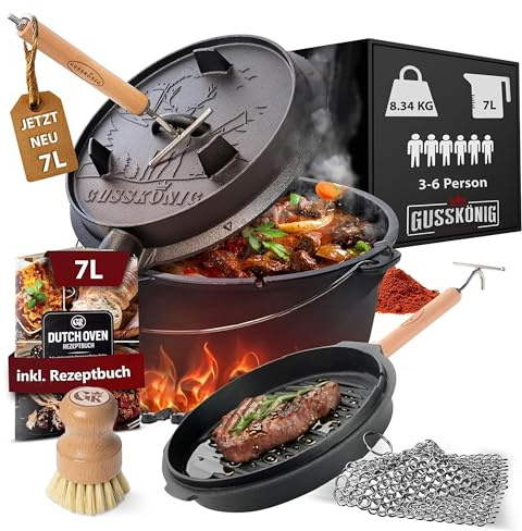 GUSSKÖNIG Dutch Oven Set–Eingebrannter Dutch Oven 7L [3–6 Person]–Feuertopf Gusseisen mit Füßen–Schmortopf Doppelfunktion–inkl. 2in1 Deckelheber,Ringreiniger,Bürste & Rezeptbuch-30 Jahre Garantie