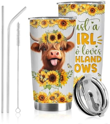 Fakcrkun Highland Cow Gifts for Women, Sunflower Highland Cow Stainless Steel Vacuum Coffee Cup, 20oz Personalized Travel Mug with Straws and Brush, Insulated Coffee Cup & Wine Tumbler