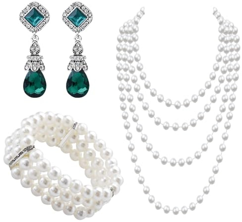 LjFrexia 3 Piezas Conjunto de Joyas de Perlas Vintage, con Collar, Brazalete de Triple Fila de Perlas y Pendientes con Cristales, Accesorios de los Años 1920, para Fiestas, Bodas y Festivales
