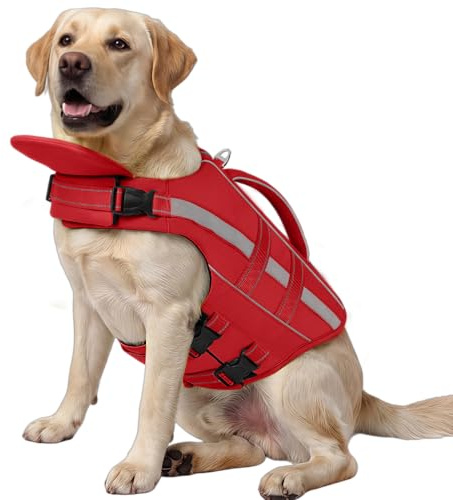 ASENKU Salvagente per Cani - Giubbotto Salvataggio Cane Taglia Piccola Media Grande, Gilet Galleggiante Sicurezza con Maniglia e Anelli D,per Nuoto Piscina Spiaggia Barca L