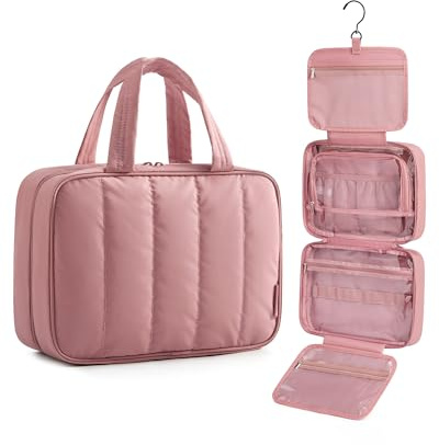 BAGSMART Hanging Travel Toiletry Bag with 360° Hook, Waterproof Wash Bag | Makeup Toiletries Organiser for Full Size Bottle, Travel Accessories for Women, Men, Large Capacity, Puffy, Dark Pink