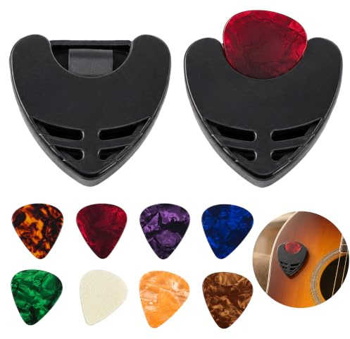 Boîte de Rangement pour Médiators Guitare avec 8 Médiators 1,2 mm, Support Médiators Adhésif Noir, Porte Médiator Compact pour Guitare, Basse et Ukulélé, Lot de 2