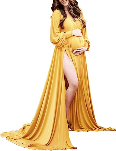 ChoiyuBella Abito Premaman con Maniche a Vescovo per Baby Shower Abito Avvolgente Spacco Laterale Sweetheart Maxi Servizio Fotografico per Fotografia, 71 Giallo, L