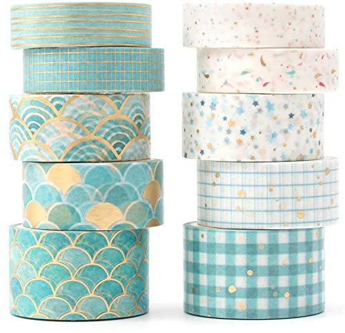 YUBX 10 Rollen Washi Tape Set, Masking Tape, Goldfolie dekorative Klebebänder, Klebeband Bunt für Kunst, DIY Handwerk, Tagebuch, Hobel, Sammelalbum, Verpackung (Bronzing Blues)