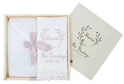 Kit de vela y pañuelo personalizado para Bautizo - Incluye caja de madera grabada – Pack de vela decorada y Paño bordado con nombre y fecha del Bautismo - Modelo Bambula (Rosa Maquillaje)