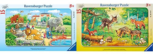 Ravensburger Kinderpuzzle - 06116 Ausflug in den Zoo - Rahmenpuzzle für Kinder ab 3 Jahren, mit 15 Teilen & 06376 Tierkinder des Waldes - Rahmenpuzzle für Kinder ab 3 Jahren, mit 15 Teilen