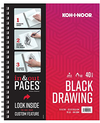 KOH-I-Noor Black Drawing Paper Pad with in & Out Pages, 70 lb. / 104 GSM, 9 x 12, Side Wire Bound, 0 Sheets per Pad, 1 Each