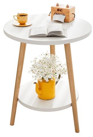 Uptyia Mesa Auxiliar 2 Niveles Blanca Mesita Redonda de Sofá Ø38x55cm, Moderna para Salón o Dormitorio, Fácil de Montar, Estilo Minimalista