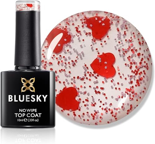 Bluesky Smalto gel per unghie Queen of Hearts No Wipe Top Coat, trasparente con pezzi di cuore rosso, a lunga durata, resistente ai chip, 10 ml (richiede polimerizzazione sotto lampada UV LED)
