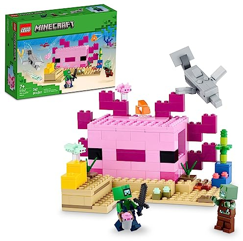 LEGO Minecraft 21247 The Axolotl House Building Toy Set, Creative Adventures on a Colourful Underwater Base, Includes a Diver Explorer, Dolphin, Drowned and More, Minecraft Toy for