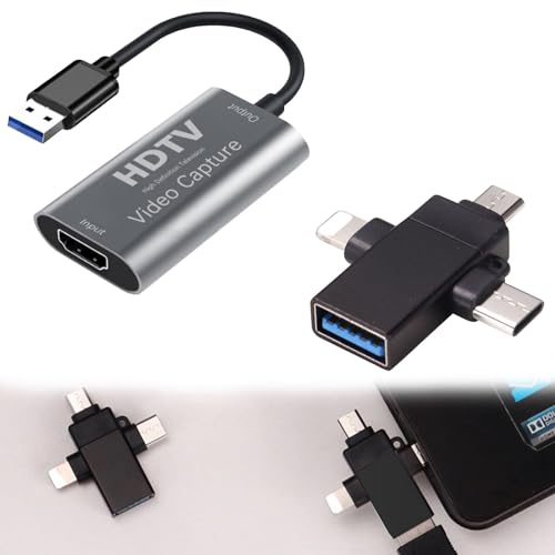 USB auf hdmi Adapter Capture Card Video Videoaufnahmekarte HDMI, Full HD 1080p Video Capture Device mit DREI in einem OTG-Adapter für Apple Type-C für Editing Video Games/Streaming/Online Teaching