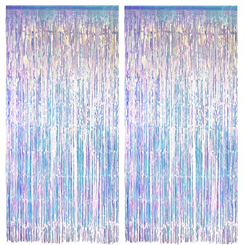 Rideau Anniversaire Irisé 2 Pièces - Serpentins Métallique Frange Decoration Anniversaire Fond de Photo de Fête pour Congelé Sirène Fille Princesse Mer Licorne Fête