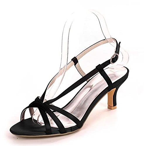 Wedding Shoes for Bride Open Toe Bridal Shoes Kitten Heel Pumps Mary Jane Satin Wedding Shoes Black