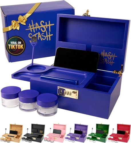 The OG Storage Box - Large Bamboo Box with Combination Lock, Magnetic Lid, Organizer Tray, Airtight Tube and 3 Jars - Discreet Decorative Locking Wooden Box with Accessories (Royal Blue/Gold)