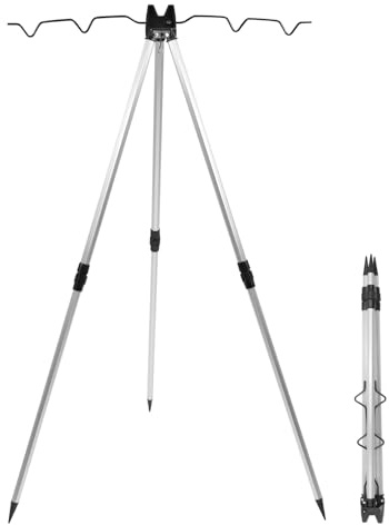 QWORK® Fishing Rods Tripod Stand for 4 Fishing Rods - Telescopic 70-105 cm - Aluminum Alloy - Anti-Rust Sea Beach Pier Shore Tackle Support