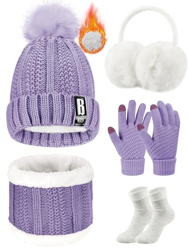 Tuopuda Knitted Hat and Scarf Set 5 PCS Winter Set,Plush Ear warmers Warm Knitted Scarf Beanie Hat and Touch Screen Gloves Set Women Thermal Socks for Skiing Hat Outdoor Sports (Purple)
