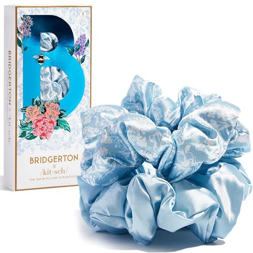 Bridgerton x Kitsch Satin Scrunchies for Women, No Snags, No Pull, Soft and Comfortable for Girls, Perfect for Day and Night (Toile De Blue)