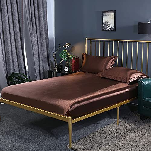 Matratzen-Spannbetttuch, dehnbar, einfarbig, Satin, gebürstete Mikrofaser, Boxspringmatratzenbezug, Schlafzimmer, Hotel, Gastfamilie, Matratzenauflage, Kissenbezug, Dunkelbraun, 180 x 200 cm (3 Stück)
