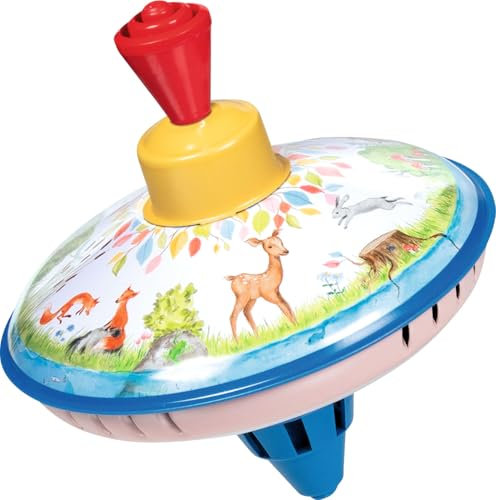 goki 53780 - Brummkreisel Auf der Lichtung aus Blech, Farbenfroher Kreisel bringt Freude und Spaß ins Kinderzimmer, klassischer Schwungkreisel mit Standfuß und Tiermotiven, 14cm hoch, ab 1 Jahr