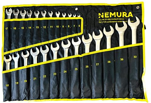 Nemura Coffret cles 25 Clé mixte : 6 à 32 mm - Produits en Chrome Vanadium - Livrées dans un Sac de Rangement - Outils bricolage - Qualité Professionnelle - Marque Française