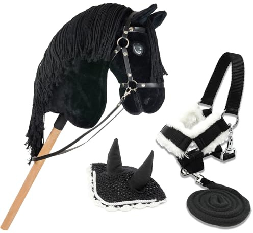 Hobby Horse Frison Negro A3, Caballo Bastón Completo con Red, Mors, Rienda, Halter y Gorro Antiinsectos. Cabeza de caballo palo para Hobby Horsing Niños y Adolescentes