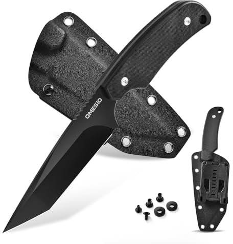 Omesio Tanto Messer mit Kydex Scheide, D2 Steel Gürtelmesser, Full Tang Großes Jagdmesser 22,5 cm Gesamtlänge, Rutschfester G10 Ergonomischer Griff Geeignet für Outdoor Camping Schwarze Klinge