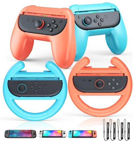 2 PCS Hand Grips for Joycon2 and 2 PCS Steering Wheel Hand Holders for Nintendo Switch2 Controller, Ergonomic Handheld Grips and Racing Wheels Handle Game Accessories Bundle Kit Set(Blue&Orange)
