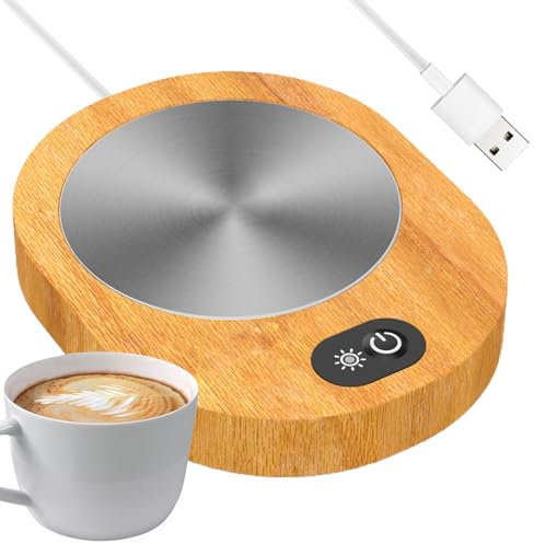 Scalda-tazze da caffè – Tappetino riscaldante per bevande da tavolo, con venature del legno, ricaricabile tramite USB, con controllo della temperatura, per tazze in o ceramica, uso domestico e