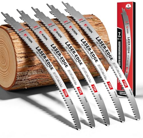 KATA Wood Pruning Reciprocating Saw Blades 15 Inch, Arc Edge SK5 Japanese Teeth Pruning Saw Blade for Cordless Saw, 7TPI Fleam Ground Teeth Curved Blades for Tree Trimming, Wood Cutting, 5-Pack