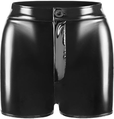 AIEOE Pantaloncini da donna in finta pelle lucida pantaloni casual da festa pantaloncini push up Hotpants, Nero , M