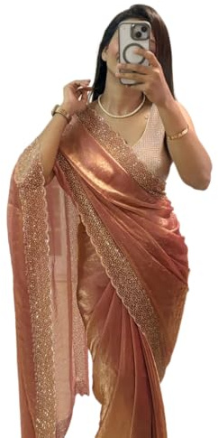 BE4ME.COM Trending Gold Two-Tone Fandy Silk Saree with Designer Border – Viral Insta Tiktok Party Wear Sari (Peach)