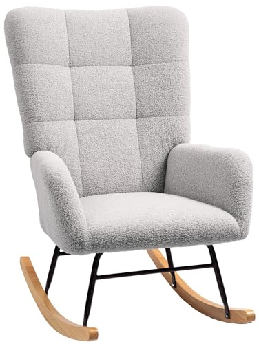HOMCOM Fauteuil à Bascule Fauteuil Allaitement Rocking Chair Moderne en Tissu Effet Laine bouclée avec Pieds en Bois Massif d'hévéa, Chaise à Bascule pour Chambre, Salon - 70 x 94 x 100 cm, Gris