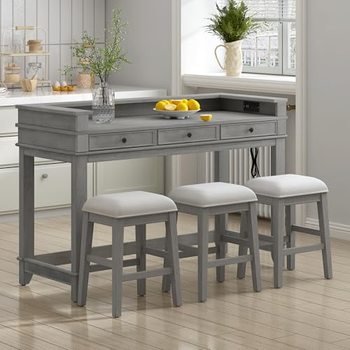 Counter Height Dining Table Set 4-Piece with Rectangle Table and 3 Upholstered Stools,Space Saving Kitchen Table with 3 Storage Drawers and Charging Station for Small Place,Light Grey
